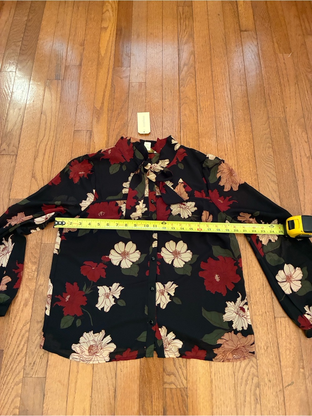 Monteau Black Floral Tie-Neck Button Down Sheer Blouse NWT XL - Picture 11 of 12
